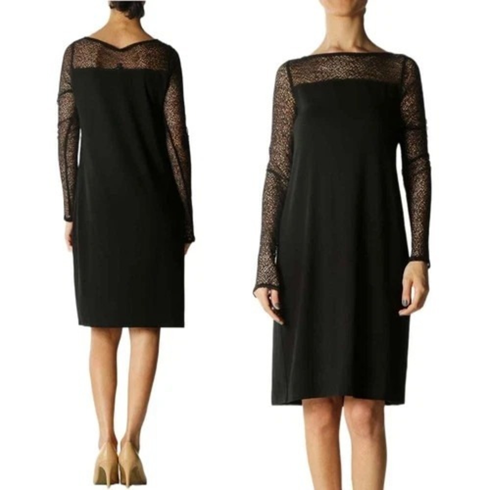 Eileen Fisher Dress Sz‎ L Black Crochet Long Sleeve Dressy LBD Party Rayon Lycra